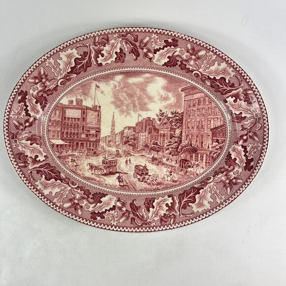 Johnson Bros Historic America Barnum's Museum Broadway NYC Oval Platter Red - Picture 1 of 10